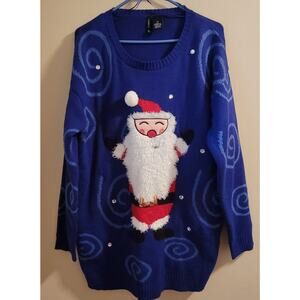 Ugly Christmas Sweater Women XL New Directions Navy Blue With Santa Rhinestones
